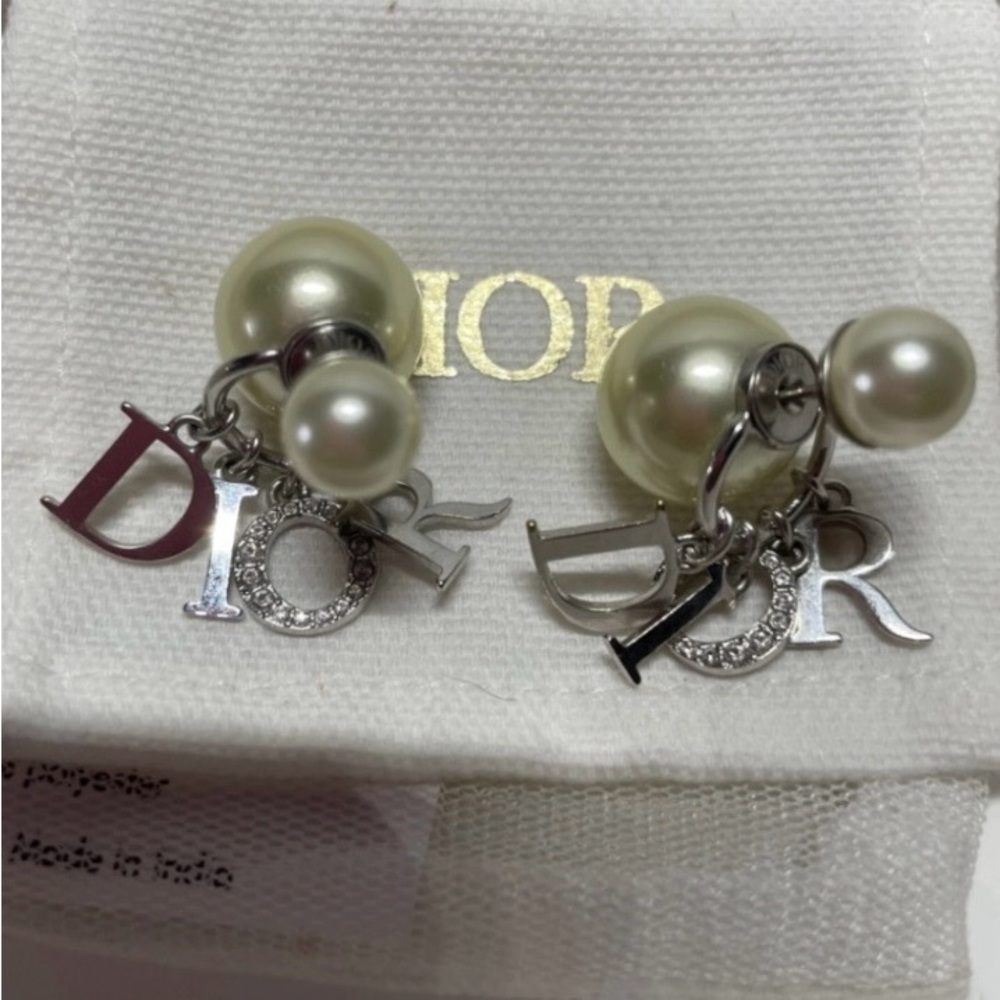 Dior Tribales Pearl Silver Logo Charms Earrings